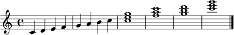 \relative c' {
\key c \major
\time 4/4
c4 d e f | g a b c | <c e g>1 | <f a c> | <g b d> | <c e g> \bar "|."
}