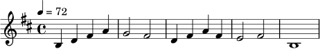\relative c' {
\key b \minor
\time 4/4
\tempo 4 = 72
b4 d fis a |
g2 fis |
d4 fis a fis |
e2 fis |
b,1
}