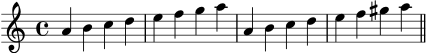 X:3
M:4/4
L:1/4
K:Am
A B c d|e f g a|A B c d|e f ^g a||