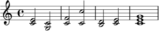 \relative c' {
\key c \major
\time 4/4
<c e>2 <c g> | <c f> <c c'> | <b d> <c e> | <c e g>1
}