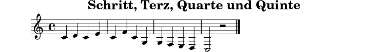 \version "2.22.0"
\header { title = "Schritt, Terz, Quarte und Quinte" tagline = ##f }
musik = \relative c' { \clef treble \time 4/4 c4 d c e | c f c g | g f e d | c2 r2 \bar "|." }
\score {
\new Staff \with { midiInstrument = "voice oohs" } { \musik }
\layout { }
\midi { \tempo 4 = 76 }
}