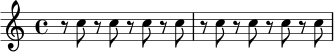 
\relative c'' {
  \time 4/4
  r8 c8 r8 c8 r8 c8 r8 c8 |
  r8 c8 r8 c8 r8 c8 r8 c8 |
}
