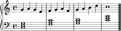 \new PianoStaff <<
\new Staff \relative c'' {
\clef treble
\key c \major
\time 4/4
g4 a g e | f g a f | g a b d | c1 \bar "|."
}
\new Staff \relative c {
\clef bass
\key c \major
\time 4/4
<c e g>1 | <f a c> | <g b d> | <c e g> \bar "|."
}
>>