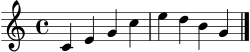 
\version "2.22.0"
\language "deutsch"
\score {
  \new Staff { \clef treble \time 4/4 c'4 e' g' c'' e'' d'' h' g' \bar "|." }
  \layout { }
  \midi { \tempo 4 = 72 }
}
