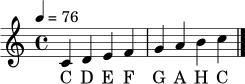 \relative c' { \set Staff.midiInstrument = "acoustic grand" \tempo 4 = 76 \clef treble \time 4/4 c4 d e f | g a b c | \bar "|." }
\addlyrics { C D E F G A H C }