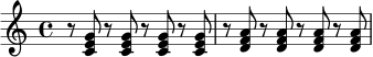 
\relative c' {
  \time 4/4
  r8 <c e g> r <c e g> r <c e g> r <c e g> |
  r8 <d f a> r <d f a> r <d f a> r <d f a> |
}
