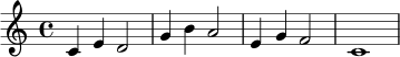 \relative c' {
\clef treble
\key c \major
\time 4/4
c4 e d2 | g4 b a2 | e4 g f2 | c1
}