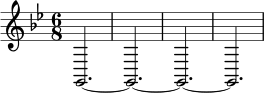 \relative c {
\key g \minor
\time 6/8
g2. ~ | g2. ~ | g2. ~ | g2. |
}