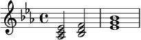 
\relative c' {
  \key ees \major
  \time 4/4
  <aes c ees>2 <bes d f>2 |
  <ees g bes>1 |
}

