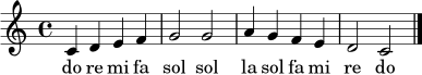 \relative c' { \clef treble \time 4/4 \key c \major c4 d e f | g2 g | a4 g f e | d2 c \bar "|." }
\addlyrics { do re mi fa sol sol la sol fa mi re do }