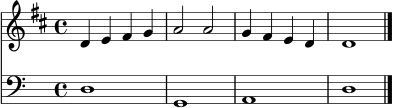 melodie = \relative c' { \time 4/4 \key d \major d4 e fis g | a2 a | g4 fis e d | d1 \bar "|." }
bass = \relative c { \clef bass d1 | g,1 | a1 | d1 \bar "|." }
\score {
<<
\new Staff { \set Staff.midiInstrument = "violin" \melodie }
\new Staff { \set Staff.midiInstrument = "cello" \bass }
>>
\layout { }
\midi { }
}