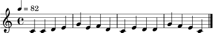 \relative c' { \tempo 4 = 82 \clef treble \key c \major \time 4/4 c4 c d e | g4 e f d | c4 e d d | g4 f e c | \bar "|." }