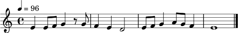 \relative c' {
\key c \major
\time 4/4
\tempo 4 = 96
e4 e8 f g4 r8 g | f4 e d2 | e8 f g4 a8 g f4 | e1 \bar "|."
}