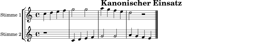 \version "2.22.0"
\paper { indent = 0\mm }
\header { title = "Kanonischer Einsatz" tagline = ##f }
eins = \relative c'' { \time 4/4 \key c \major c4 d e f | g2 g | a4 g f e | d2 r \bar "|." }
zwei = \relative c' { \time 4/4 \key c \major r1 | c4 d e f | g2 g | a4 g f e \bar "|." }
\score {
\new StaffGroup <<
\new Staff \with { instrumentName = "Stimme 1" shortInstrumentName = "1." } { \clef treble \eins }
\new Staff \with { instrumentName = "Stimme 2" shortInstrumentName = "2." } { \clef treble \zwei }
>>
\layout { }
\midi { \tempo 4 = 88 }
}