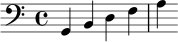 
{
  \clef bass
  g,4 b, d f a
}
