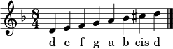 \relative c' { \clef treble \key d \minor \time 8/4 d4 e f g a bes cis d \bar "|." }
\addlyrics { d e f g a b cis d }