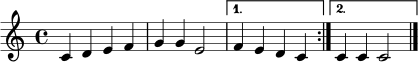 \relative c' {
\clef treble
\key c \major
\time 4/4
\repeat volta 2 {
c4 d e f |
g4 g e2
}
\alternative {
{ f4 e d c | }
{ c4 c c2 | }
}
\bar "|."
}