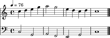 
<<
\new Staff {
\set Staff.midiInstrument = "flute"
\relative c'' {
\time 4/4
\tempo 4 = 76
c4 d e g | a2 g | e4 d c d | c1 \bar "|."
}
}
\new Staff {
\set Staff.midiInstrument = "cello"
\clef bass
\relative c {
\time 4/4
c2 g | a f | e g | c1 \bar "|."
}
}
>>
