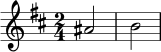 \language "deutsch"
\relative c'' {
\key h \minor
\time 2/4
ais2 | h2 |
}