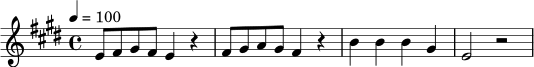 \relative c' {
\key e \major
\time 4/4
\tempo 4 = 100
e8 fis gis fis e4 r4 |
fis8 gis a gis fis4 r4 |
b4 b b gis |
e2 r2 |
}