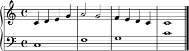 \score {
\new PianoStaff <<
\new Staff = "melody" \relative c' {
\clef treble
\key c \major
\time 4/4
c4 d e g | a2 g | f4 e d c | c1 \bar "|."
}
\new Staff = "bass" \relative c {
\clef bass
\key c \major
\time 4/4
c1 | f1 | g1 | c1 \bar "|."
}
>>
\layout { }
\midi { }
}