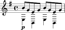 \relative c' {
\key e \minor
\time 4/4
<<
{ \voiceOne b'8\p g e g b g e g }
\\
{ \voiceTwo e,4 b e b }
>>
}