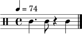 \relative c' { \clef percussion \time 4/4 \tempo 4 = 74 c4. c8 r4 c4 \bar "|." }