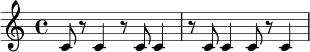 
\relative c' {
  \time 4/4
  c8 r c4 r8 c8 c4 |
  r8 c8 c4 c8 r c4 |
}
