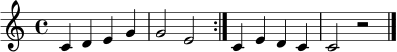\relative c' { \clef treble \key c \major \time 4/4 \repeat volta 2 { c4 d e g | g2 e2 | } c4 e d c | c2 r2 | \bar "|." }