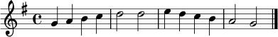 \transpose c g \relative c' {
\key c \major
\time 4/4
c4 d e f | g2 g | a4 g f e | d2 c \bar "|."
}