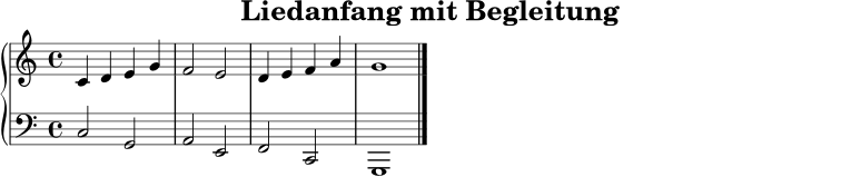 
\version "2.24.0"
\paper { indent = 0\mm }
\header { title = "Liedanfang mit Begleitung" tagline = ##f }
melodie = \relative c' { \clef treble \key c \major \time 4/4 c4 d e g | f2 e2 | d4 e f a | g1 \bar "|." }
bass = \relative c { \clef bass \key c \major \time 4/4 c2 g2 | a2 e2 | f2 c2 | g1 \bar "|." }
\score {
  \new PianoStaff <<
    \new Staff = "Melodie" \melodie
    \new Staff = "Bass" \bass
  >>
  \layout { }
  \midi { \tempo 4 = 88 }
}
