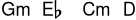
\new ChordNames \chordmode {
  g1:m ees1 c1:m d1
}
