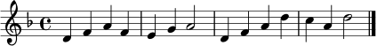 \relative c' {
\clef treble
\key d \minor
\time 4/4
\set Staff.midiInstrument = "pizzicato strings"
d4 f a f | e4 g a2 | d,4 f a d | c4 a d2 \bar "|."
}