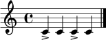
\relative c' {
  \time 4/4
  c4-> c c-> c
  \bar "|."
}
