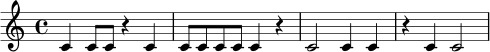 \relative c' { \clef treble \time 4/4 c4 c8 c8 r4 c4 | c8 c8 c8 c8 c4 r4 | c2 c4 c4 | r4 c4 c2 }