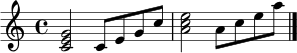 \relative c' {
\clef treble
\time 4/4
<c e g>2
c8 e g c
<a c e>2
a8 c e a
\bar "|."
}