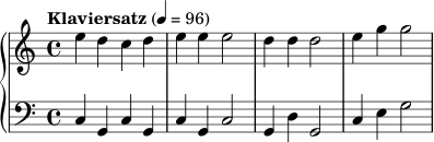 \version "2.22.0"
\score {
\new PianoStaff <<
\new Staff = "right" \relative c'' {
\clef treble
\key c \major
\time 4/4
\tempo "Klaviersatz" 4 = 96
e4 d c d
e e e2
d4 d d2
e4 g g2
}
\new Staff = "left" \relative c {
\clef bass
\key c \major
\time 4/4
c4 g c g
c g c2
g4 d' g,2
c4 e g2
}
>>
\layout { }
\midi { \tempo 4 = 96 }
}