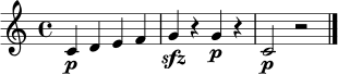 \relative c' {
\clef treble
\time 4/4
c4\p d e f | g4\sfz r g\p r | c,2\p r2 \bar "|."
}