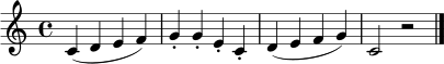 \relative c' { \clef treble \time 4/4 c4( d e f) | g4-. g-. e-. c-. | d4( e f g) | c,2 r2 \bar "|." }