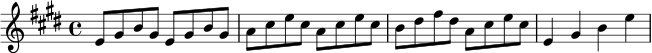 
\relative c' {
  \key e \major
  \time 4/4
  e8 gis b gis e gis b gis |
  a cis e cis a cis e cis |
  b dis fis dis a cis e cis |
  e,4 gis b e |
}
