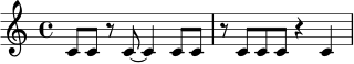 \relative c' {
\time 4/4
c8 c r c~ c4 c8 c |
r8 c c c r4 c |
}
