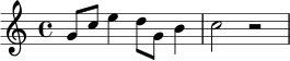 
\relative c'' {
  \key c \major
  \time 4/4
  g8 c e4 d8 g, b4 |
  c2 r2
}
