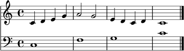 \version "2.24.0"
\score {
<<
\new Staff \relative c' { \clef treble \key c \major \time 4/4 c4 d e g | a2 g2 | e4 d c d | c1 \bar "|." }
\new Staff \relative c { \clef bass \key c \major \time 4/4 c1 | f1 | g1 | c1 \bar "|." }
>>
\layout { }
\midi { }
}