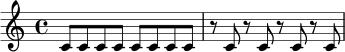 \relative c' {
\time 4/4
c8 c c c c c c c |
r8 c8 r c r c r c |
}