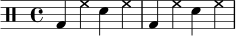 
\drums {
  \time 4/4
  bd4 hh sn hh |
  bd4 hh sn hh |
}
