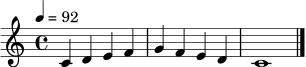 \relative c' {
\clef treble
\tempo 4 = 92
\time 4/4
c4 d e f | g4 f e d | c1 \bar "|."
}