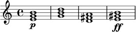 \relative c' {
\time 4/4
<e g b>1\p
<g b d>1
<d fis a>1
<e gis b>1\ff
}