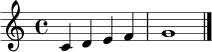 \relative c' { \clef treble \time 4/4 c4 d e f | g1 \bar "|." }