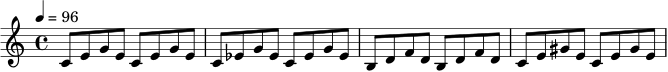 {
\clef treble
\time 4/4
\tempo 4 = 96
c'8 e' g' e' c' e' g' e'
c' ees' g' ees' c' ees' g' ees'
b d' f' d' b d' f' d'
c' e' gis' e' c' e' gis' e'
}