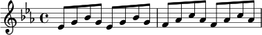 \relative c' {
\key ees \major
\time 4/4
ees8 g bes g ees g bes g |
f aes c aes f aes c aes
}